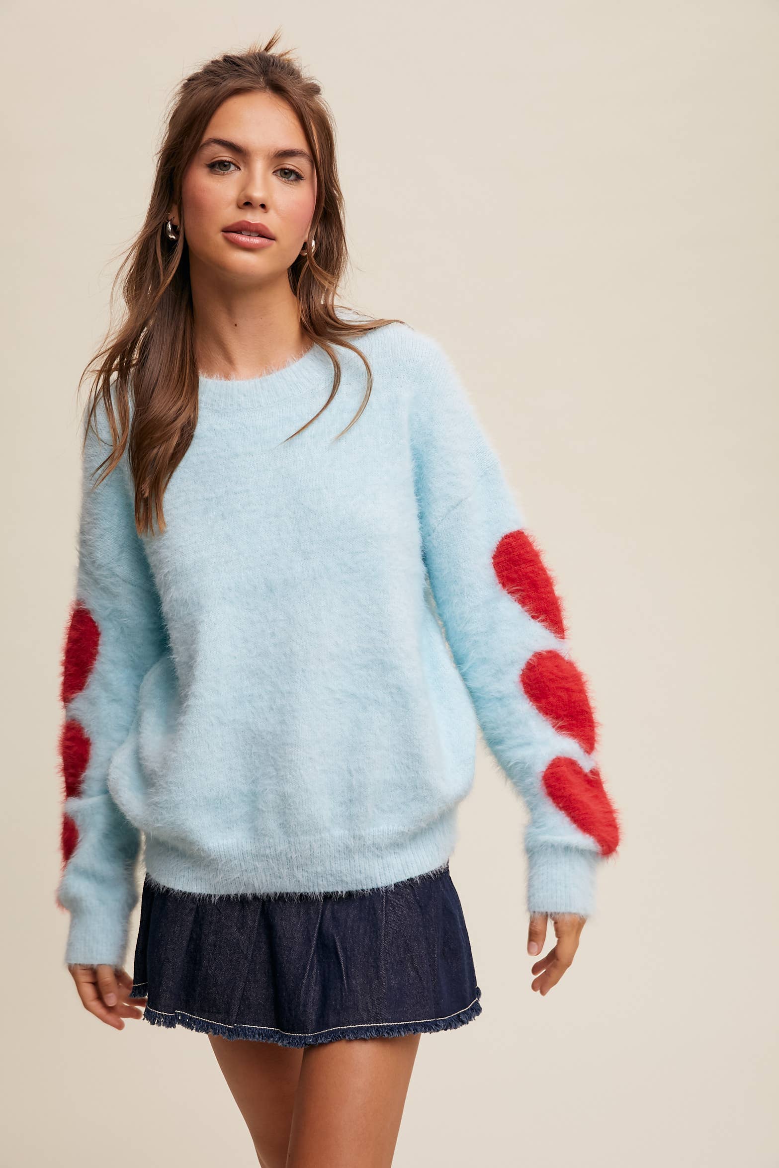 Listicle - Wholesale Knit Sweater - Women's - Fuzzy Heart-Sleeve Pullover Sweater LSW087213