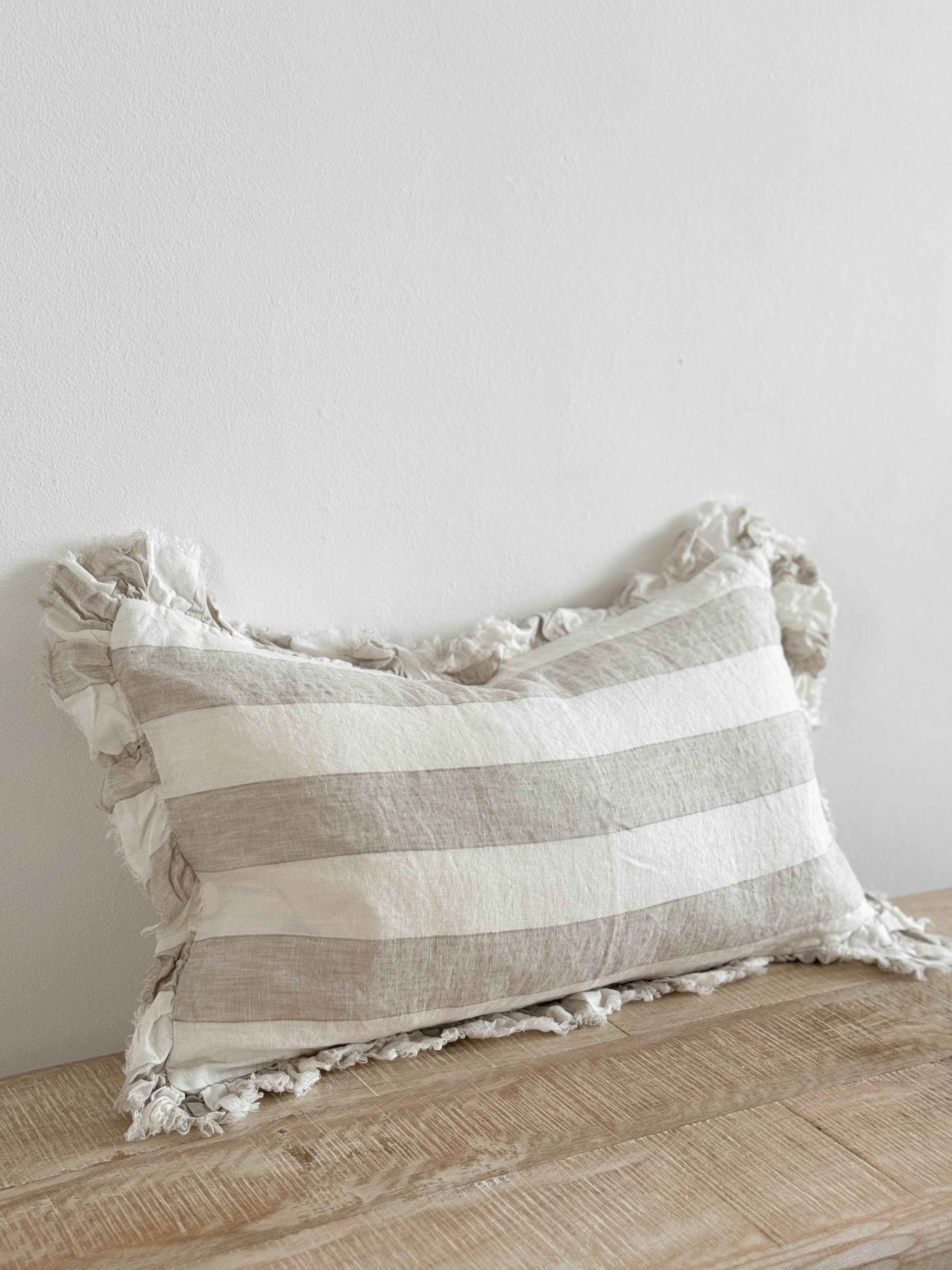 Ellenvale Trade - Wholesale Throw Pillow Cover - Hallie Ruffled Linen Cushion Cover 50x30 – Beige & Cream Wide Stripe2