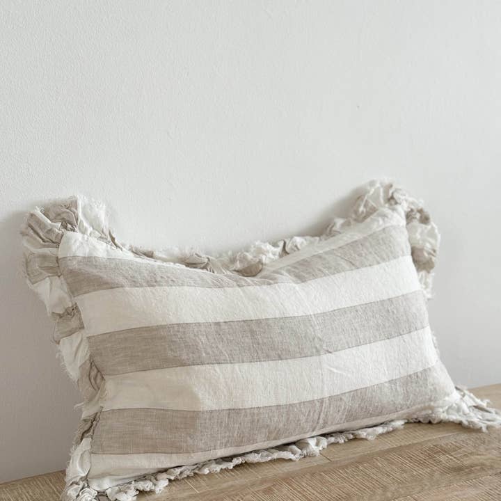 Ellenvale Trade - Wholesale Throw Pillow Cover - Hallie Ruffled Linen Cushion Cover 50x30 – Beige & Cream Wide Stripe2