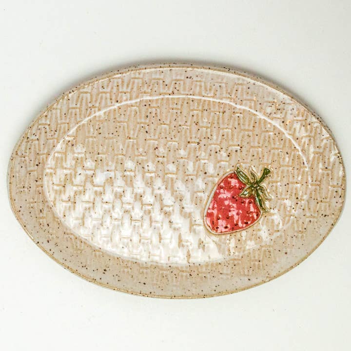 Strawberry Pattern Handmade Ceramic White Oval Trinket Dish for wholesale by White Squirrel Clayworks