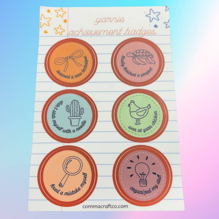 Comma Craft Co - Wholesale Sticker - Vinyl Sticker Sheet - Yarnie Achievement Badges Knit Camp