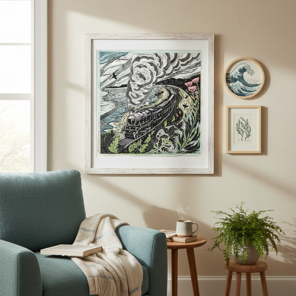 Jamie Poole – wholesale Art print – Crashing of the Seasteads (Dawlish Train) Limited Lino Print1