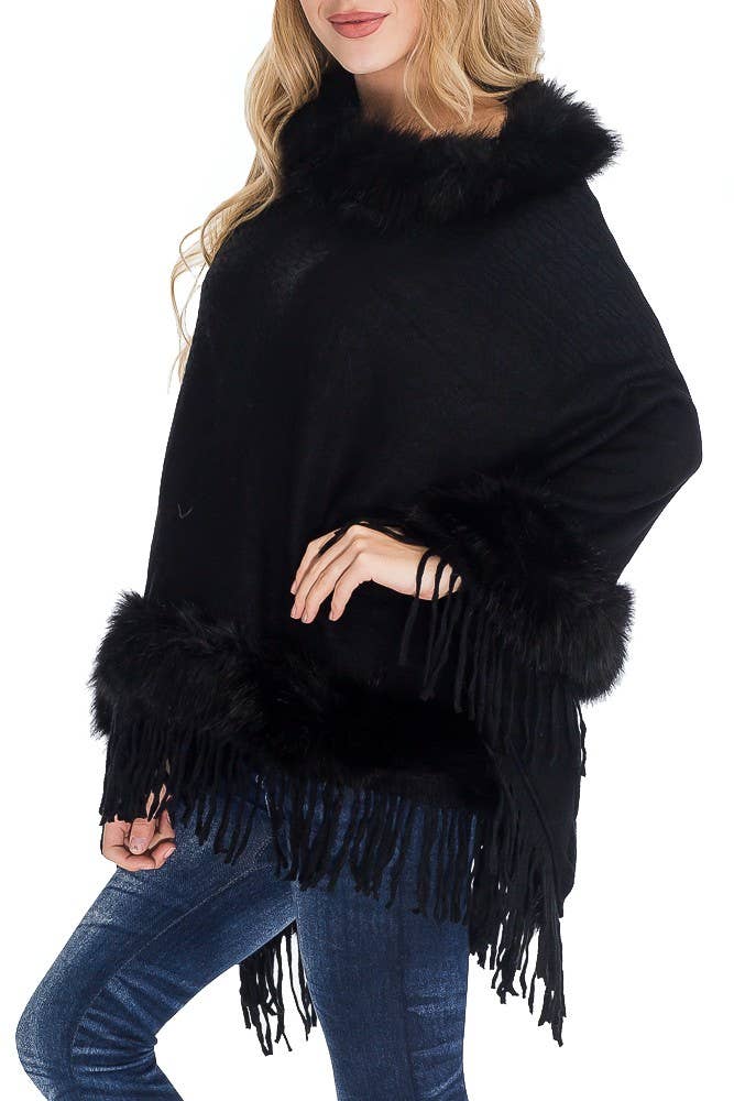 Cap Zone - Wholesale Poncho - Women's - Cable Printed Faux Fur Collar And Trimming Poncho1