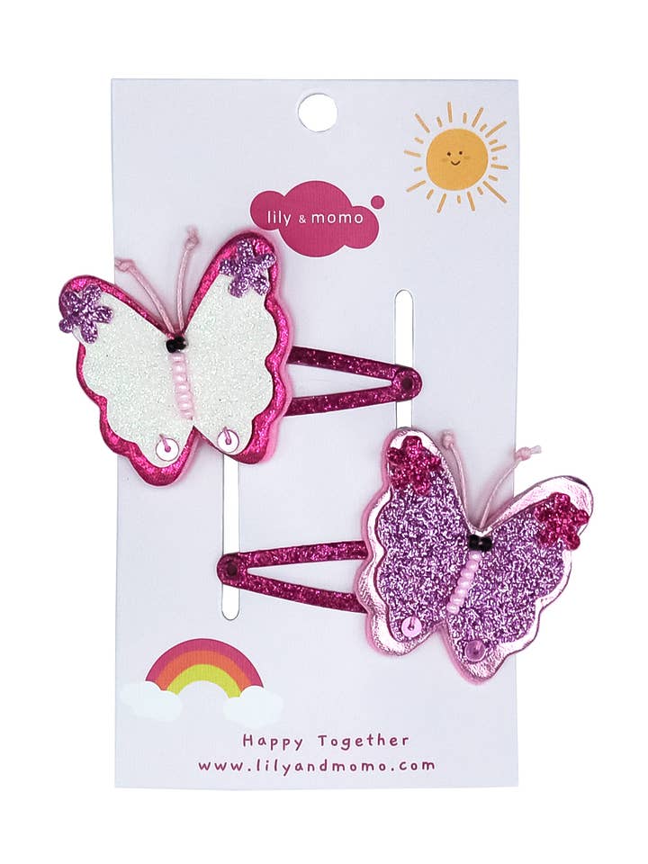 Butterfly Glitter Pals Hair Clips - Cream and Purple for wholesale by Lily and Momo