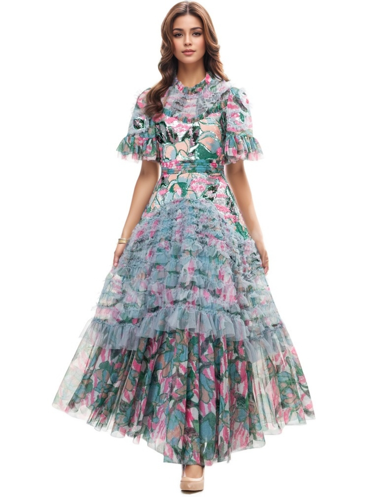 Color as pictures DR592Y Hand-Printed Lotus Leaf Lace Dress with Beaded Detail for wholesale on Faire3