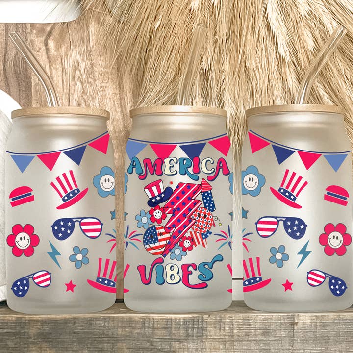 America Vibes 4th of July 16oz Frosted Libbey Glass Tumbler for wholesale by Kate Haven Glass Tumblers for Every Occasion