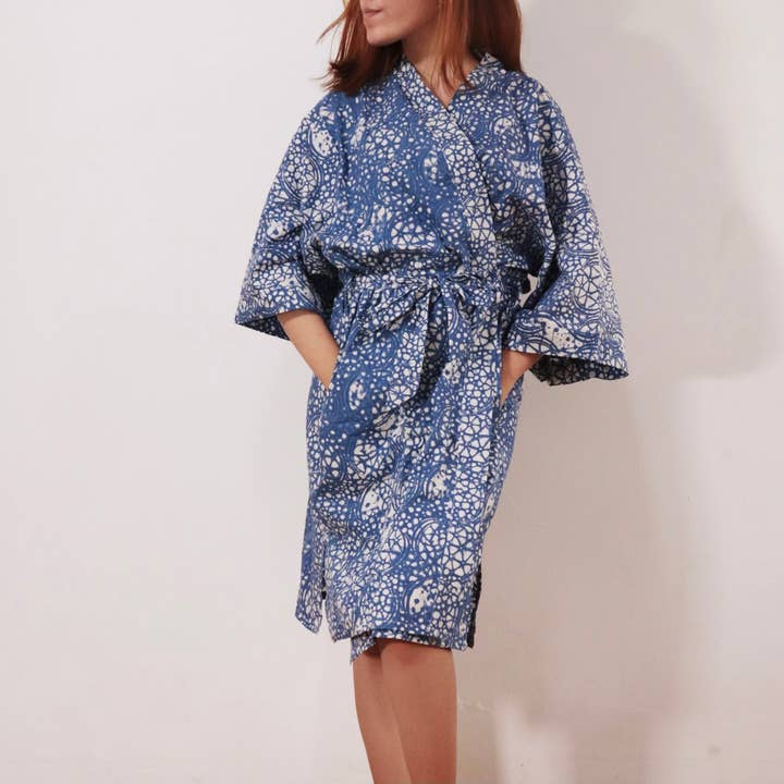 Handmade Batik Robe/ Kimono, Blue Stone, Hand Dyed, 100% Cotton for wholesale by Kasih Co-op