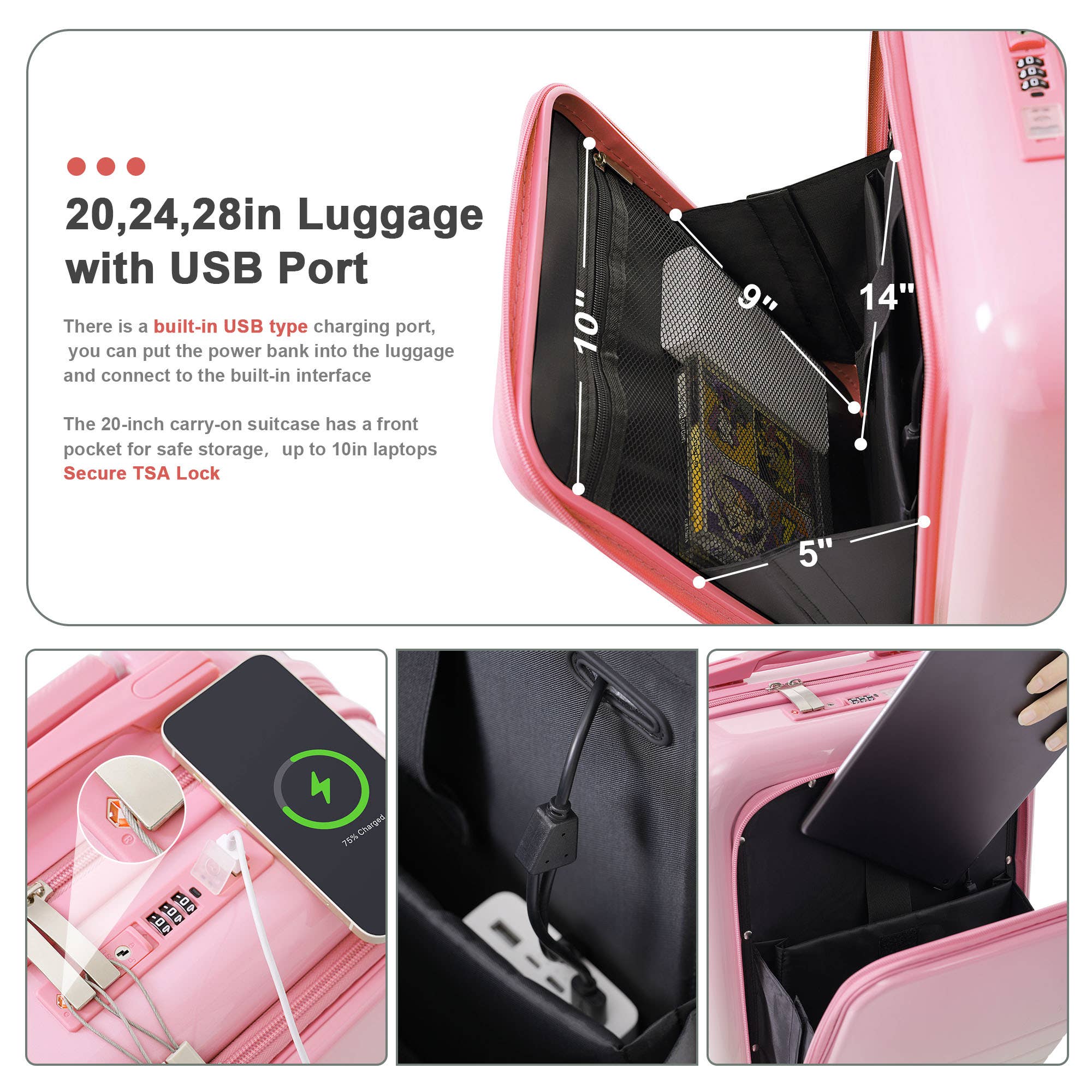 VTNG50 - Wholesale Luggage - Luggage Set of 3, 20, 24, 28inch with USB Port3