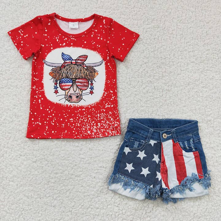 Baby Girls Western 4th Of July Cow Denim Star Shorts Clothes for wholesale by Aier Wholesale