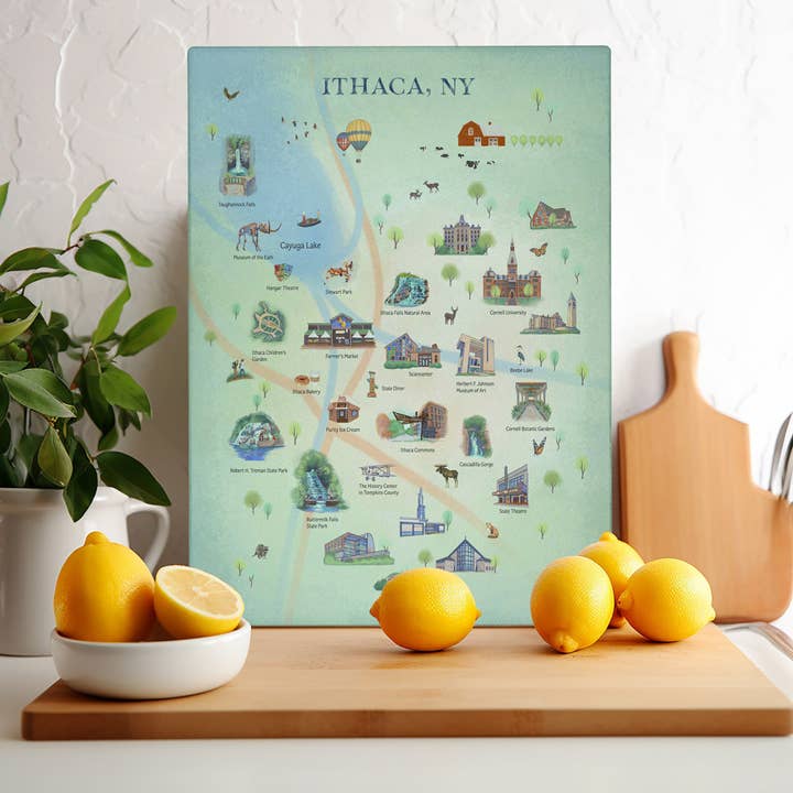 Ithaca NY Artwork Glass Charcuterie and Cutting Board for wholesale by Lake Town Love