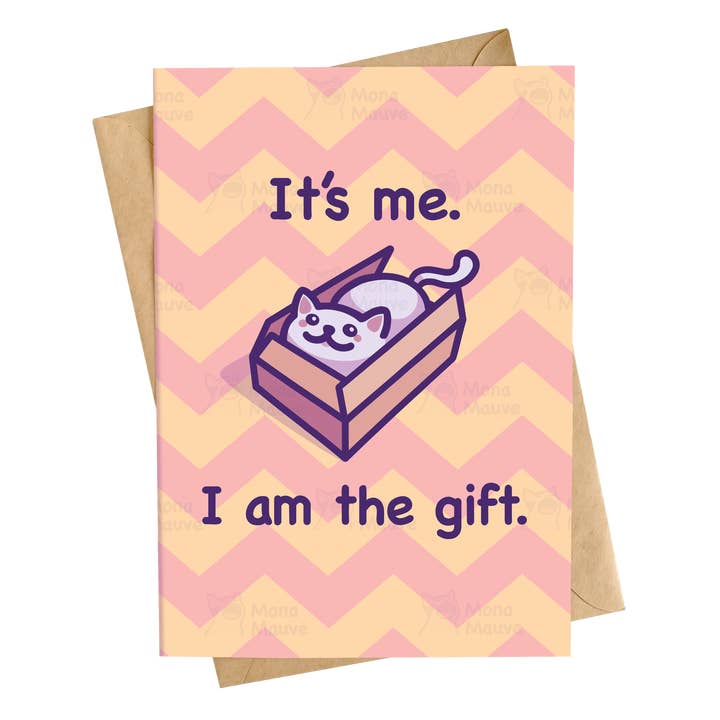 Ich bin's, ich bin das Geschenk! | Lustige Katzenliebeskarte für den Großhandel von Mona Mauve • Silly Art!