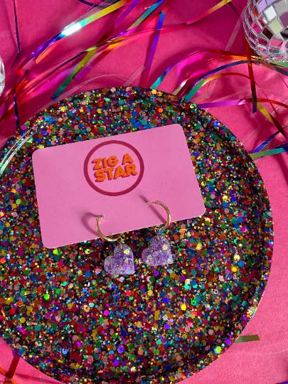 Orecchini a Cerchio a forma di cuore con glitter lilla//Orecchini a Cerchio scintillanti per la vendita all'ingrosso da parte di Zig a Star