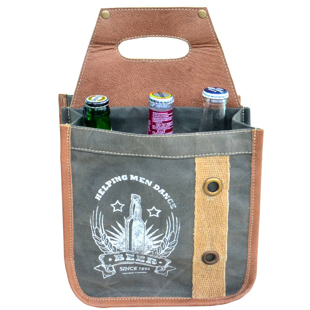 Clea Ray Canvas Bags & Clothing - Wholesale Bier/wijncaddy - Grijs canvas dat mannen helpt om bierdrager te dansen2