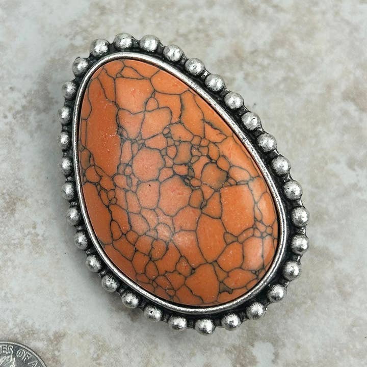 RGY230225-02-ORANGE Large Silver oval with orange stone stretch Ring for wholesale by Western Elite Jewelry