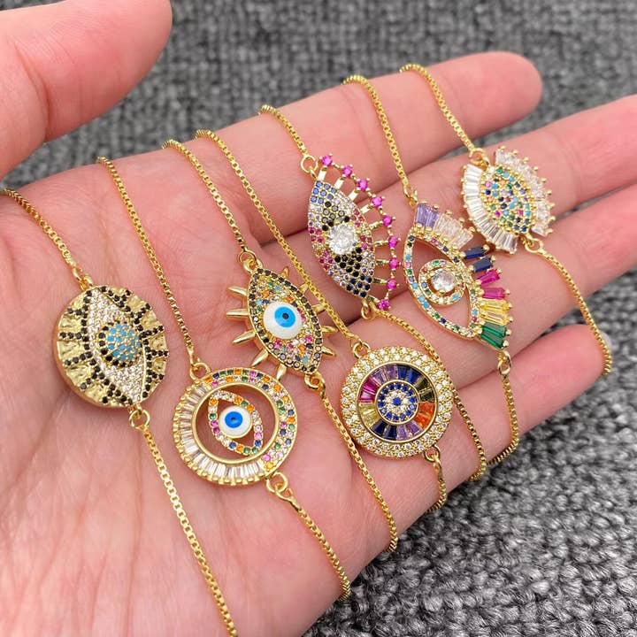 Mio Queena - Wholesale Charm/Dangle Bracelet - Multi-style Rhinestone Evil Eye Charm Golden Bracelets