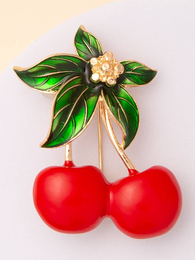 Red Cherry Brooch Pin with Leaf Detail in Gold for wholesale by SP Sophia Collection