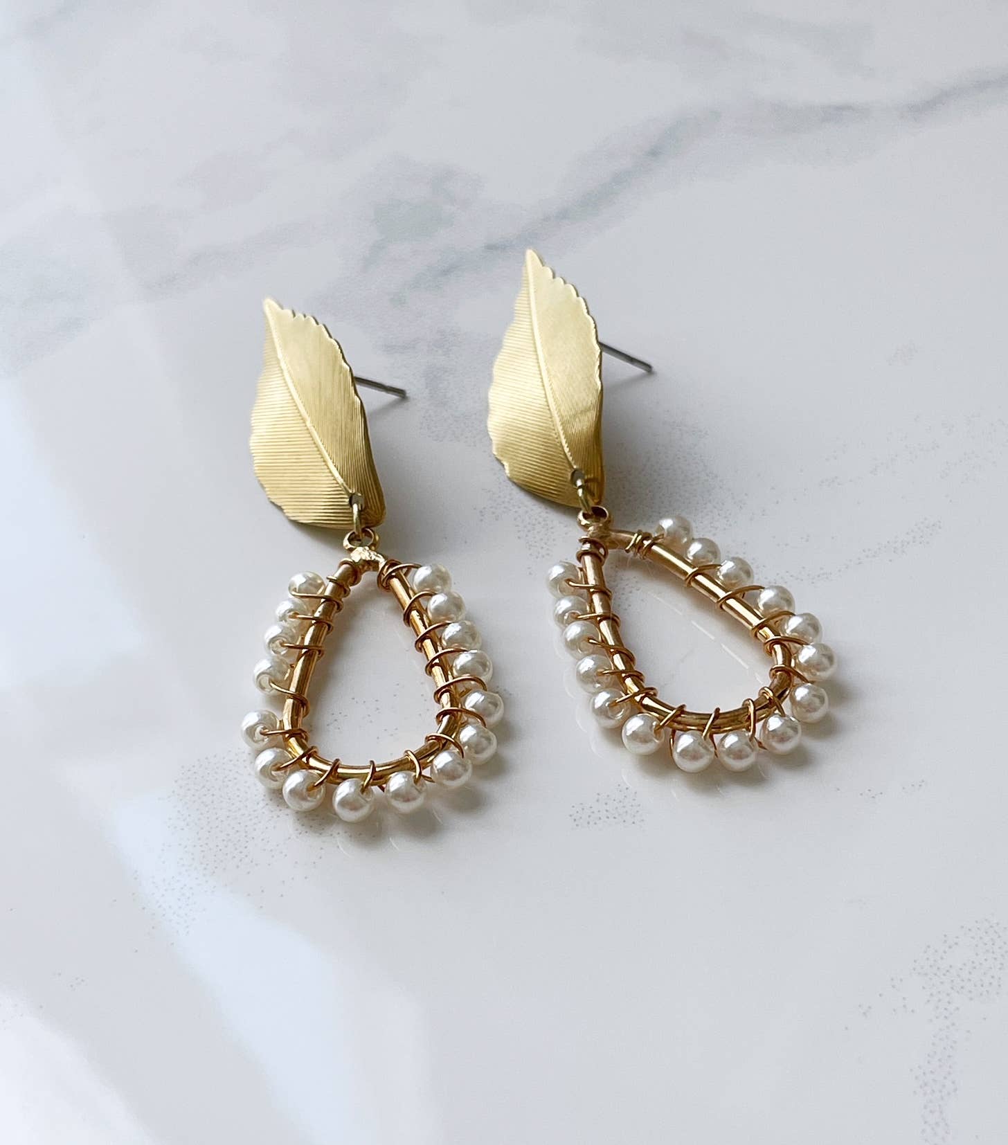 Pearl and Ivy Studio - Wholesale Dangle Earrings - Brass leaf earrings faux pearl drops3