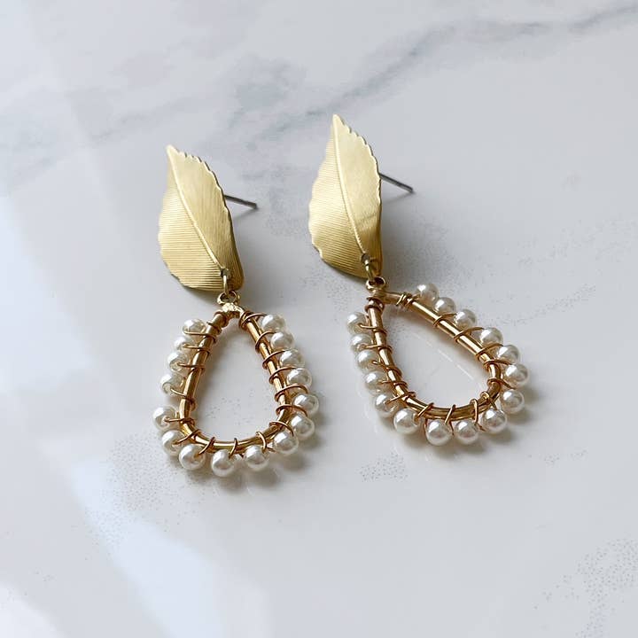 Pearl and Ivy Studio - Wholesale Dangle Earrings - Brass leaf earrings faux pearl drops3