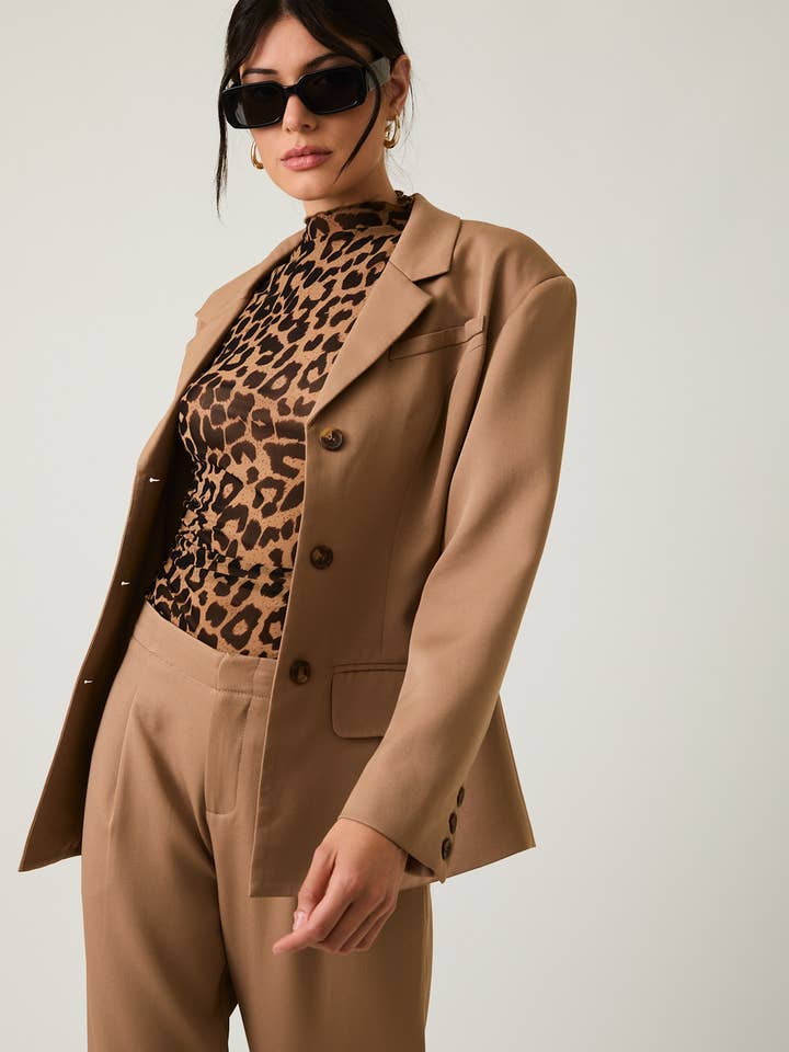 TAUPE STRUCTURED SHOULDER FIT & FLARE BLAZER for wholesale on Faire7