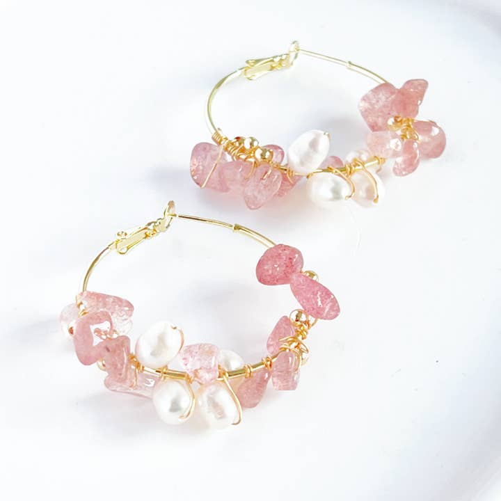 Strawberry Quartz and Pearl Hoop Earrings for wholesale by Ninaouity