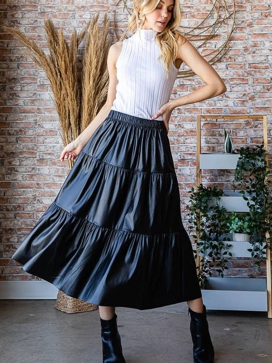 S1267HE10PL PLUS SIZE TIERED FAUX LEATHER MIDI SKIRT for wholesale by Sunday Morning
