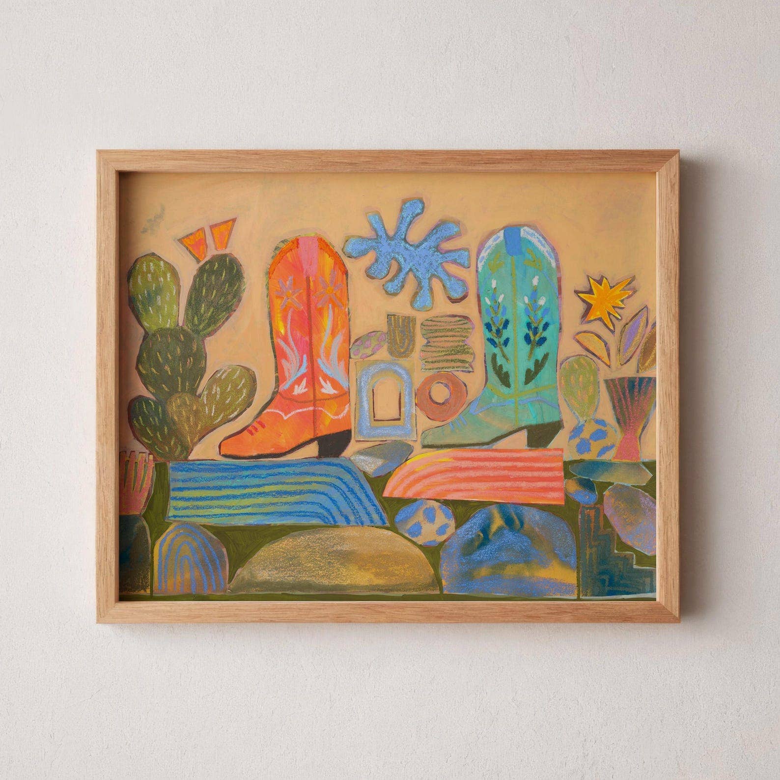 El Baker Art - Wholesale Art Print - Western Cowboy Boot Print: Cactus Collage, Southwest Desert Art1