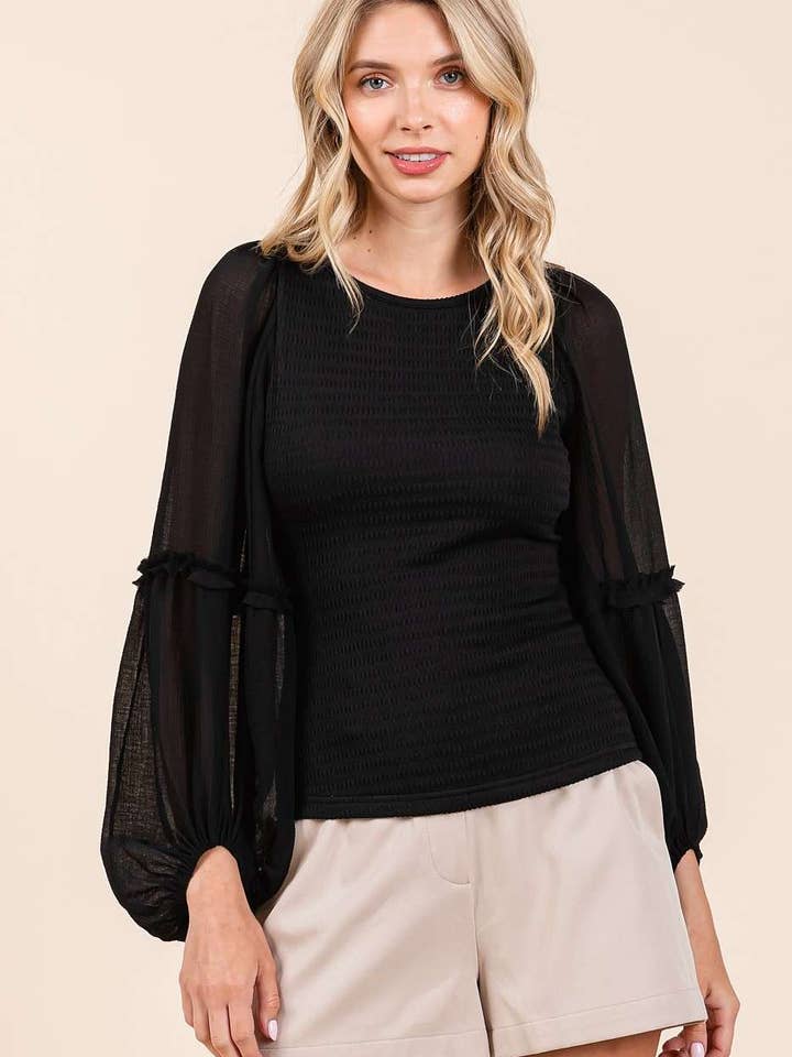 mittoshop - Wholesale Knit Top - Women's - MIXED MEDIA TEXTURED KNIT CHIFFON LONG SLEEVE TOP18