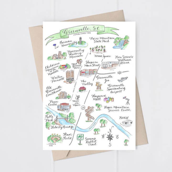 Greenville, SC 5 x 7" Folded Greeting Card for wholesale by The Write Occasion Calligraphy