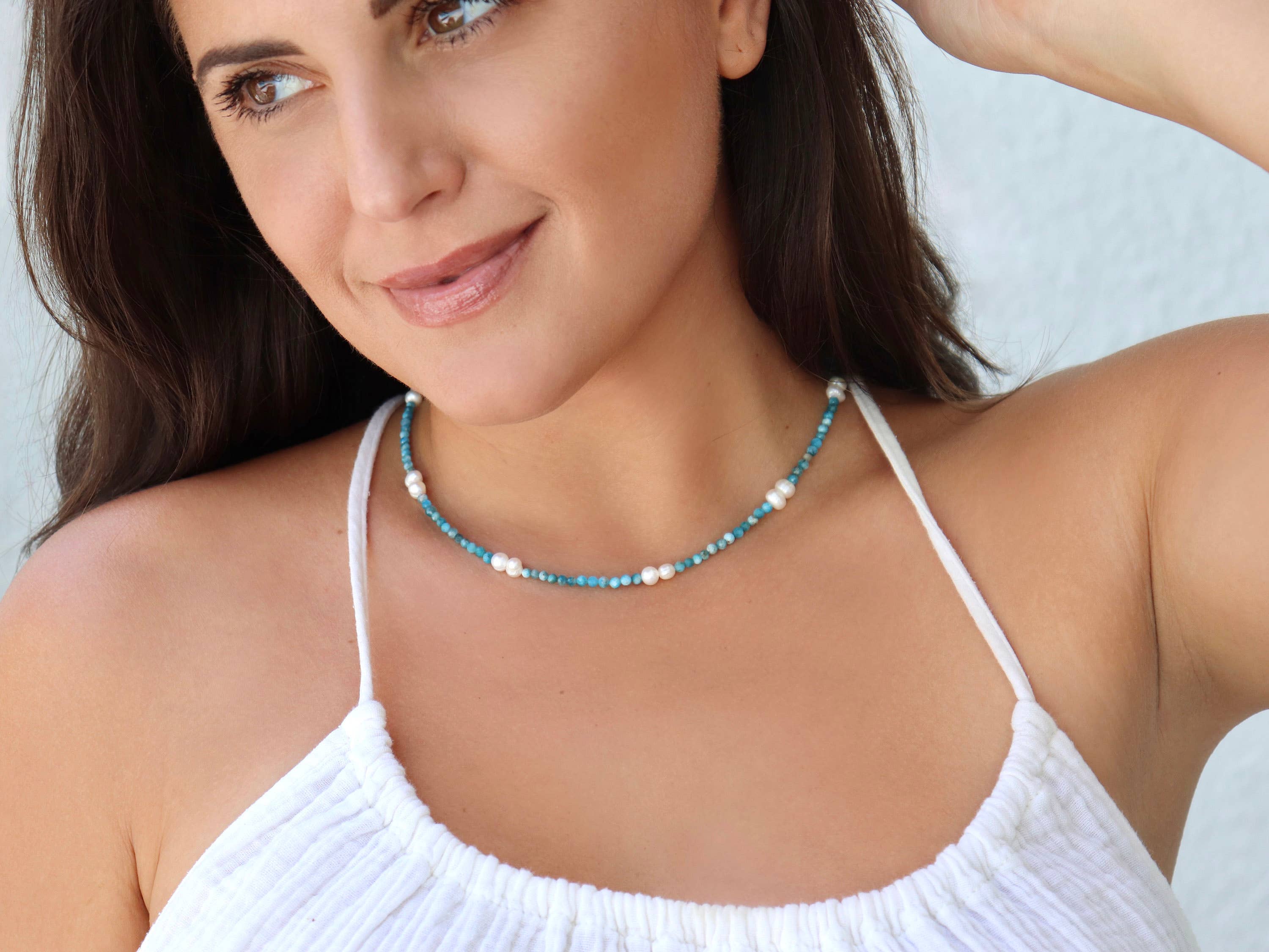 Kaylie Dawn Jewelry - Wholesale Beaded/Pearl Necklace - Maui Handmade Pearl & Gemstone Necklace - Blue Apatite3