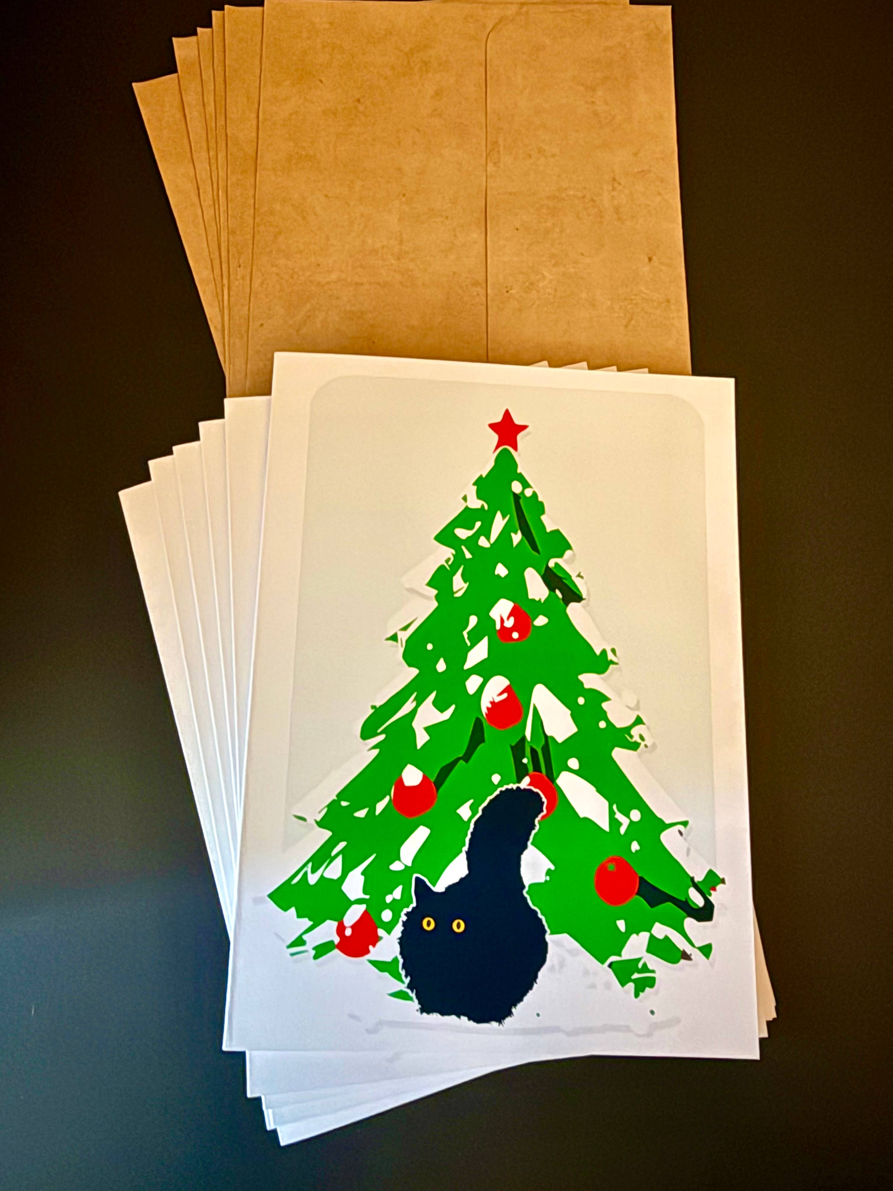 Mobius Theory - Wholesale Christmas Card - Christmas Tree Cat Holiday Card Box Set of Six (6) Cards1