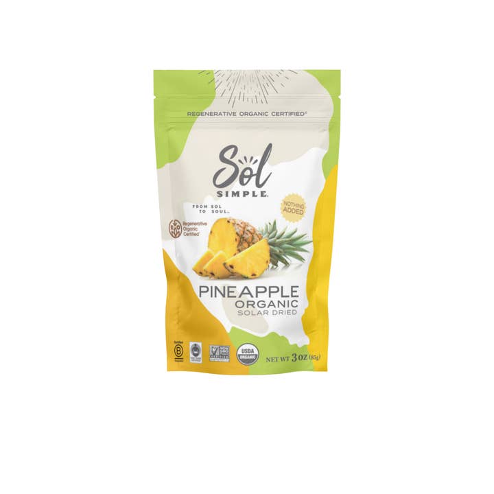 Sol Simple – Großhandel Getrocknete/dehydrierte Früchte – Regenerative Bio-zertifizierte solargetrocknete Ananas — 3 Unzen