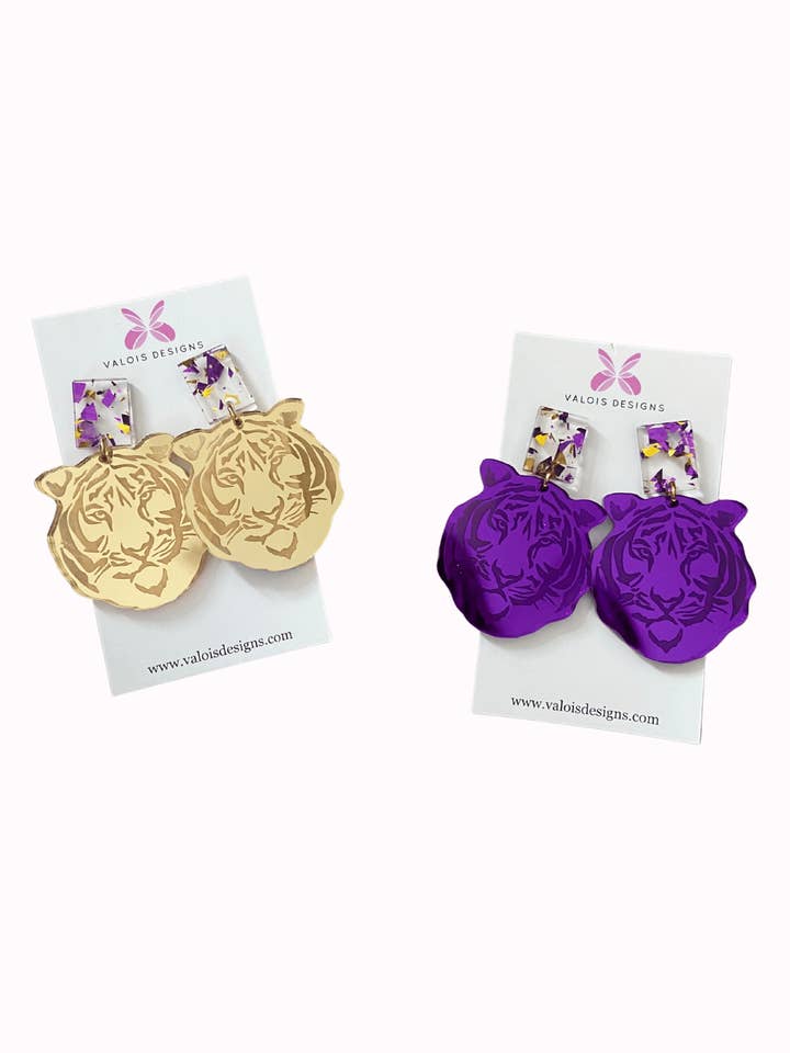 Lila & Gold Tigerharz-Ohrringe für den Großhandel von Valois Designs