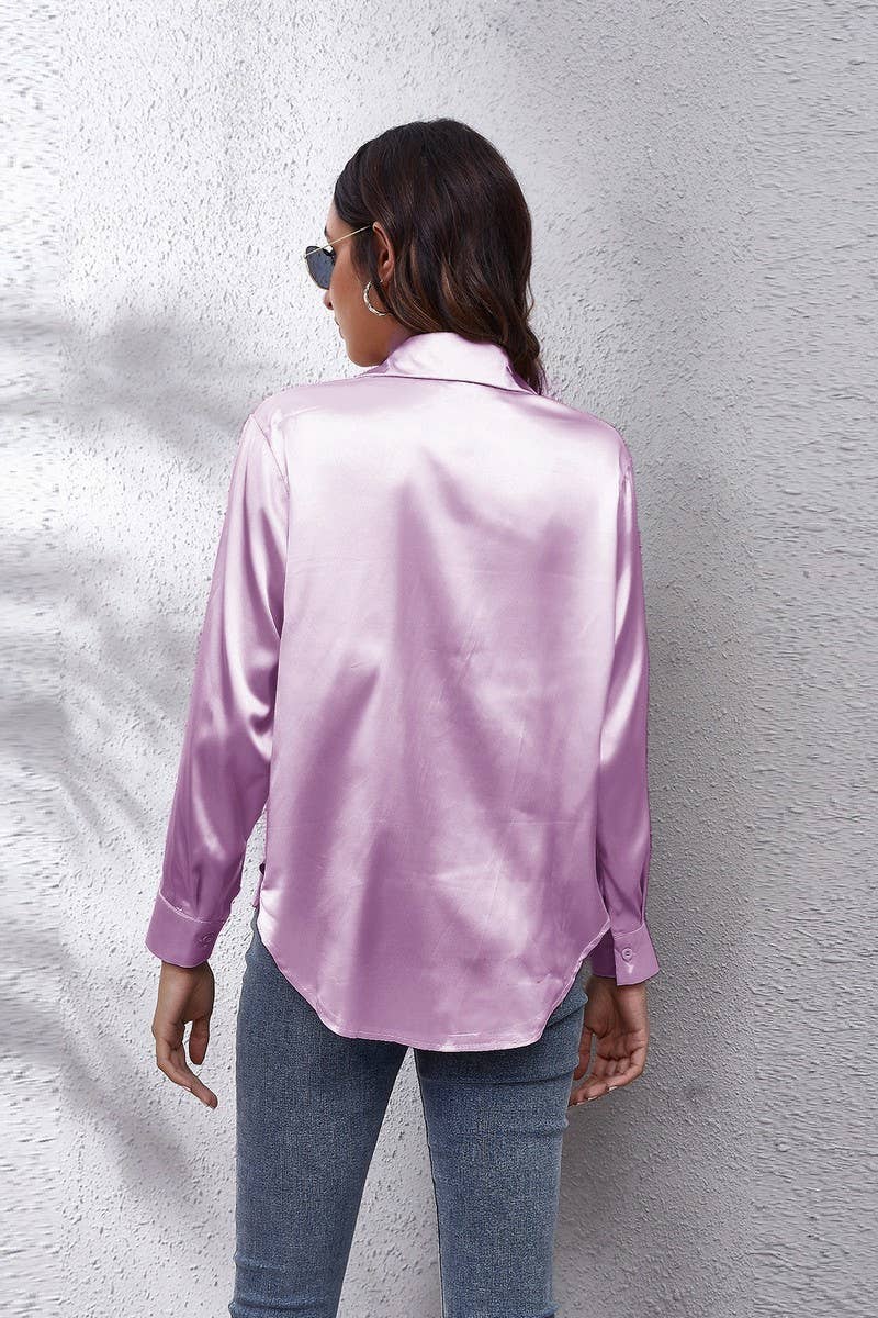 NINEXIS - Wholesale Button Down Shirt - Women's - CWTBLL0691_Button Down Silky Satin Long Sleeve Top48