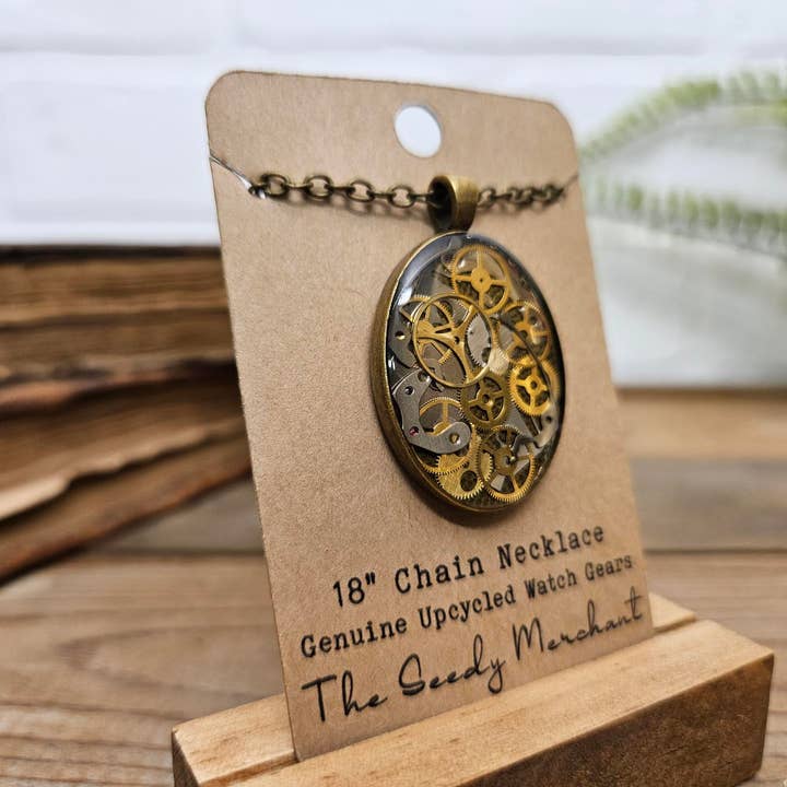 The Seedy Merchant - Wholesale Pendant/Charm Necklace - Steampunk Bronze Oval Necklace Upcycled Watch Parts Gears