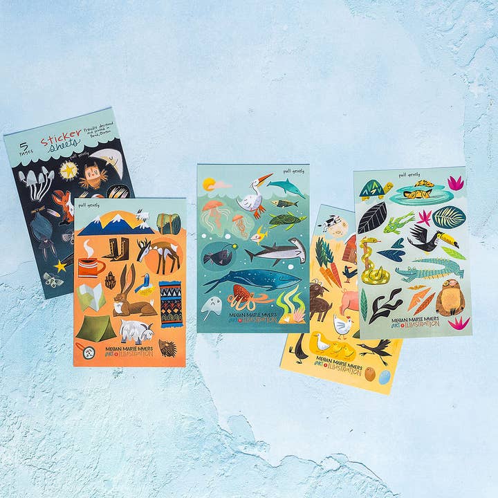 Sticker Sheet Variety 5-pack for wholesale by Megan Marie Myers Art