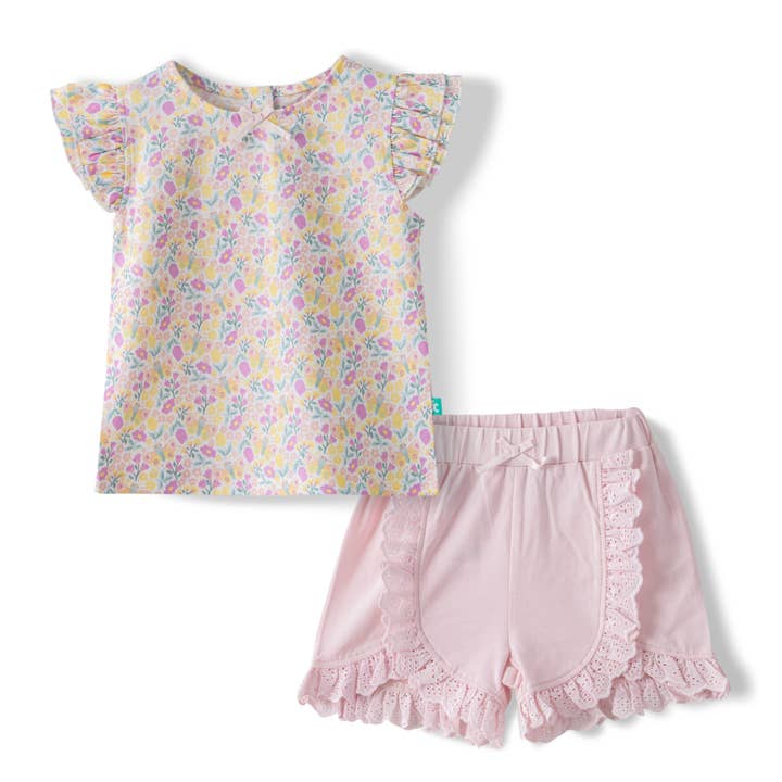 Toddler Girls’ Floral Ruffle Sleeve Top & Lace Trim Shorts Set for wholesale by Juscubs (KaiterFly)