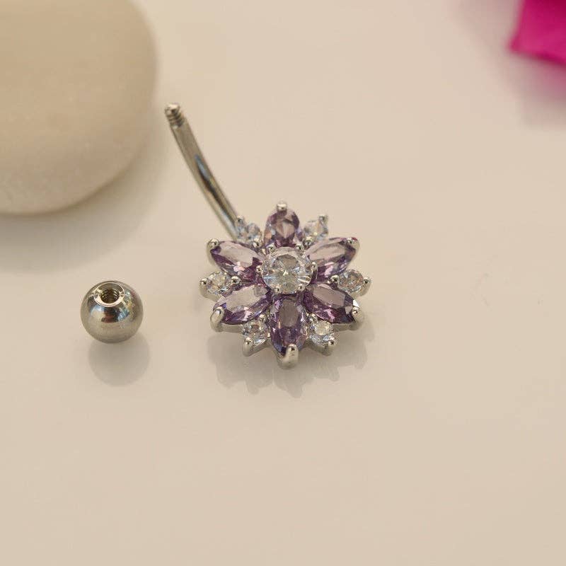 StockJWL - Wholesale Belly Ring - Lotus Flower Navel Piercing, Belly Button Ring, Belly Button Piercing, Curved Barbell, Belly Piercing, Belly Bar, Belly Ring, Purple11