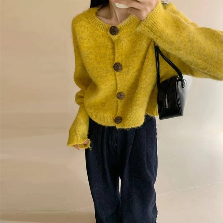 Brushed Knit Wool Blend Cardigan in Warm Yellow for wholesale by Last True Angel