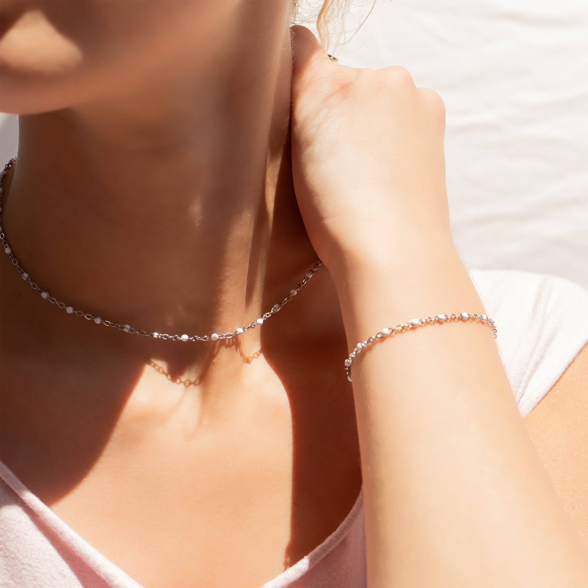 WJW - Wholesale Link & Chain Necklace - 18K Gold PVD Stainless Steel White Confetti Chain Necklace8