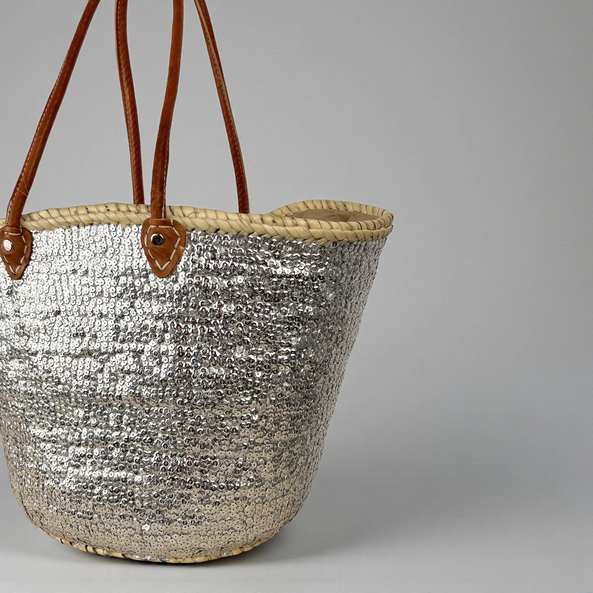 Melecraft – Engroshandel Strandtaske – Sølvglitrende palmehåndtaske, fransk markedskurv6