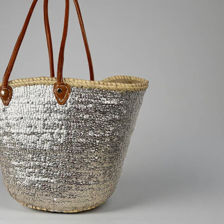 Melecraft – Engroshandel Strandtaske – Sølvglitrende palmehåndtaske, fransk markedskurv6