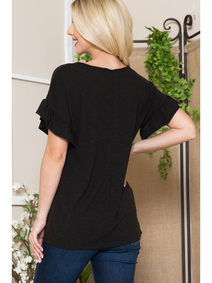 Orange Farm Clothing - Wholesale Blouse - Women's - Textured Ruffle Sleeve with X Detail- 2 Colors4