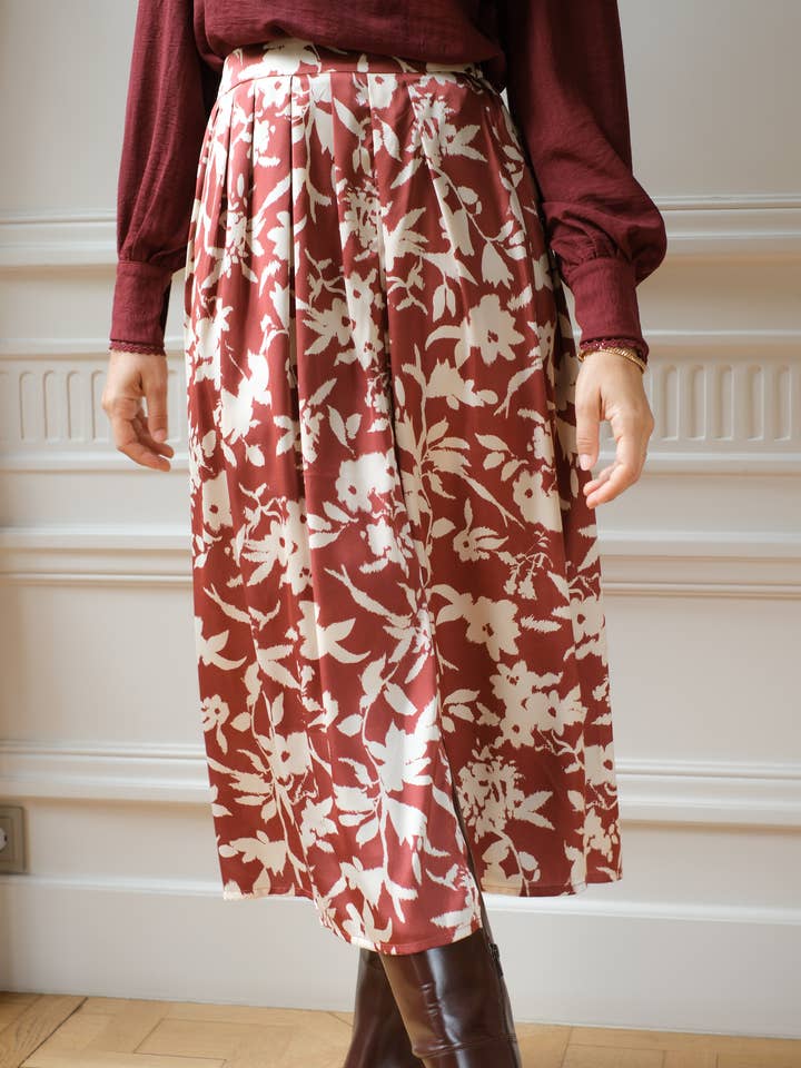 Gonna midi satinata a stampa floreale - 5010S-ERIKA per la vendita all'ingrosso da parte di LOVIE & CO