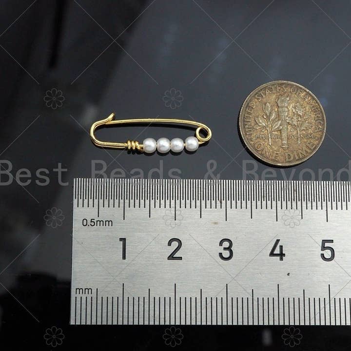 BestBeads&Beyond - Wholesale Clasp - Cute 18K Gold Safety Pin Clasp, Pearl On Clasp Safety Pin, Paper Clip Chain Connector Clasp, 8x24mm, Sku#Y3924