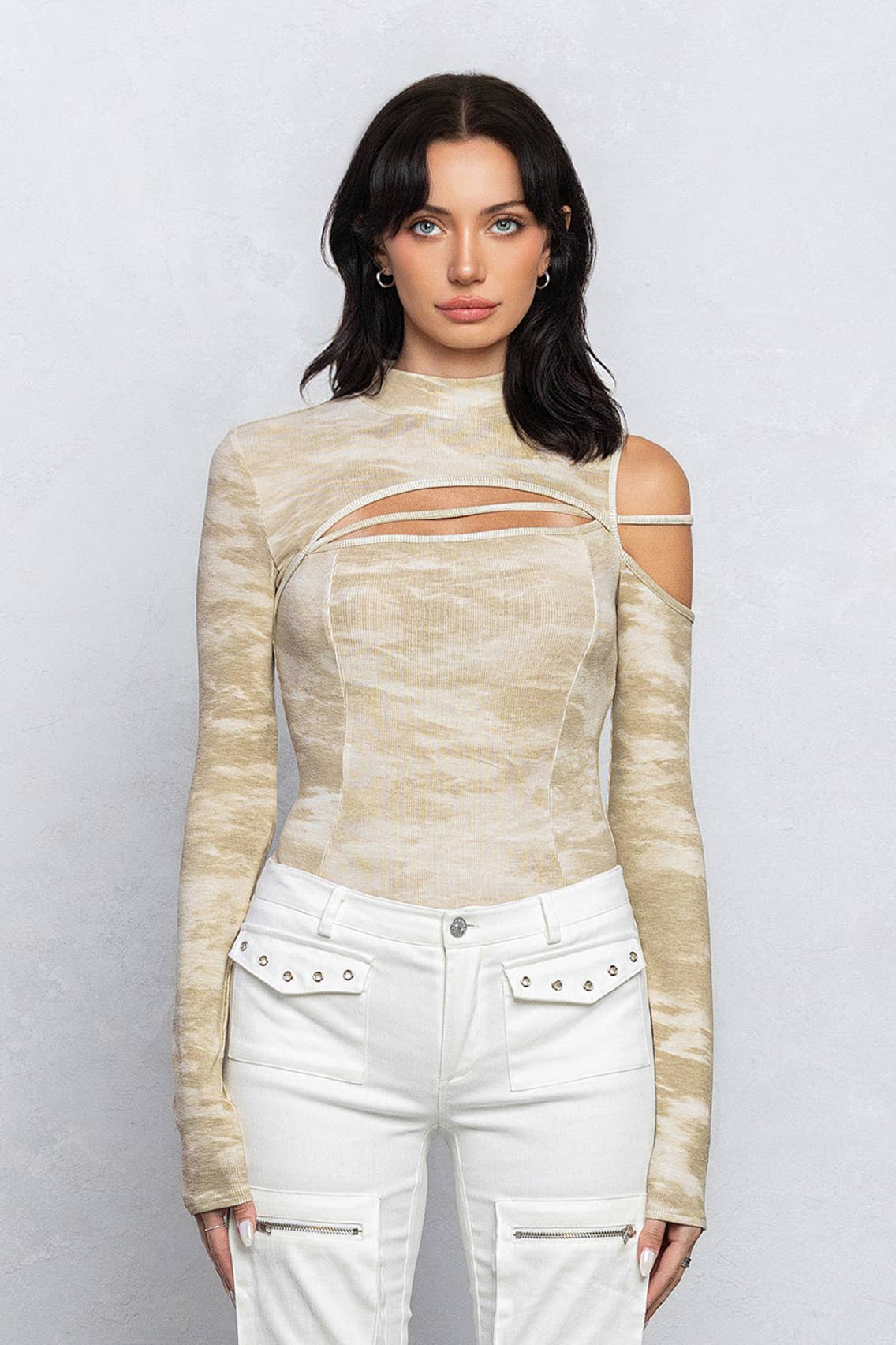 No Vacancy - Wholesale Bodysuit - Women's - Marble printed ribbed mock-neck bodysuit