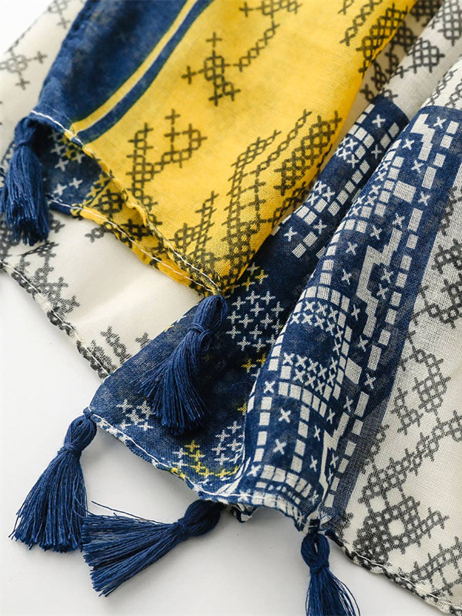 Beige Women Summer Artsy Colorblock Tassel Shawl Scarf for wholesale on Faire6