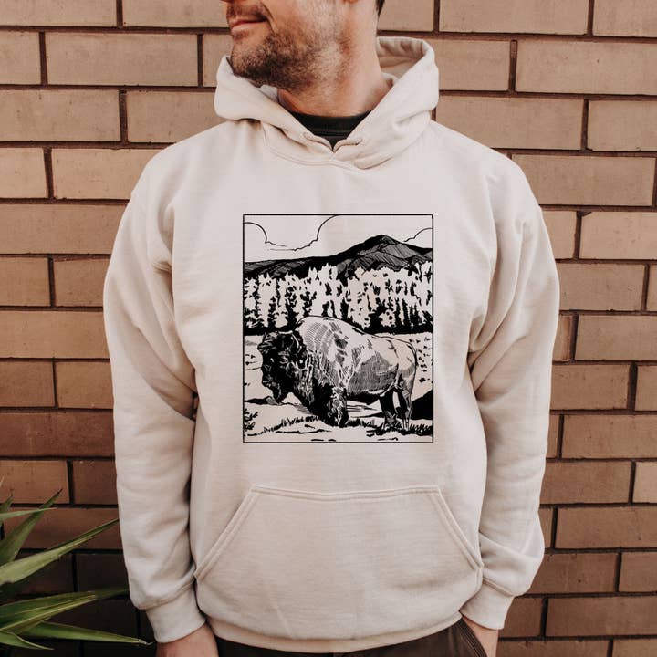 Handgezeichneter Bison-Büffel-Crewneck-Sweatshirt-Hoodie 214 für den Großhandel von 208T2.0