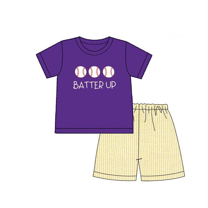 Paars Collegiate “Batter Up” set met honkbalshorts voor wholesale door Little Peas