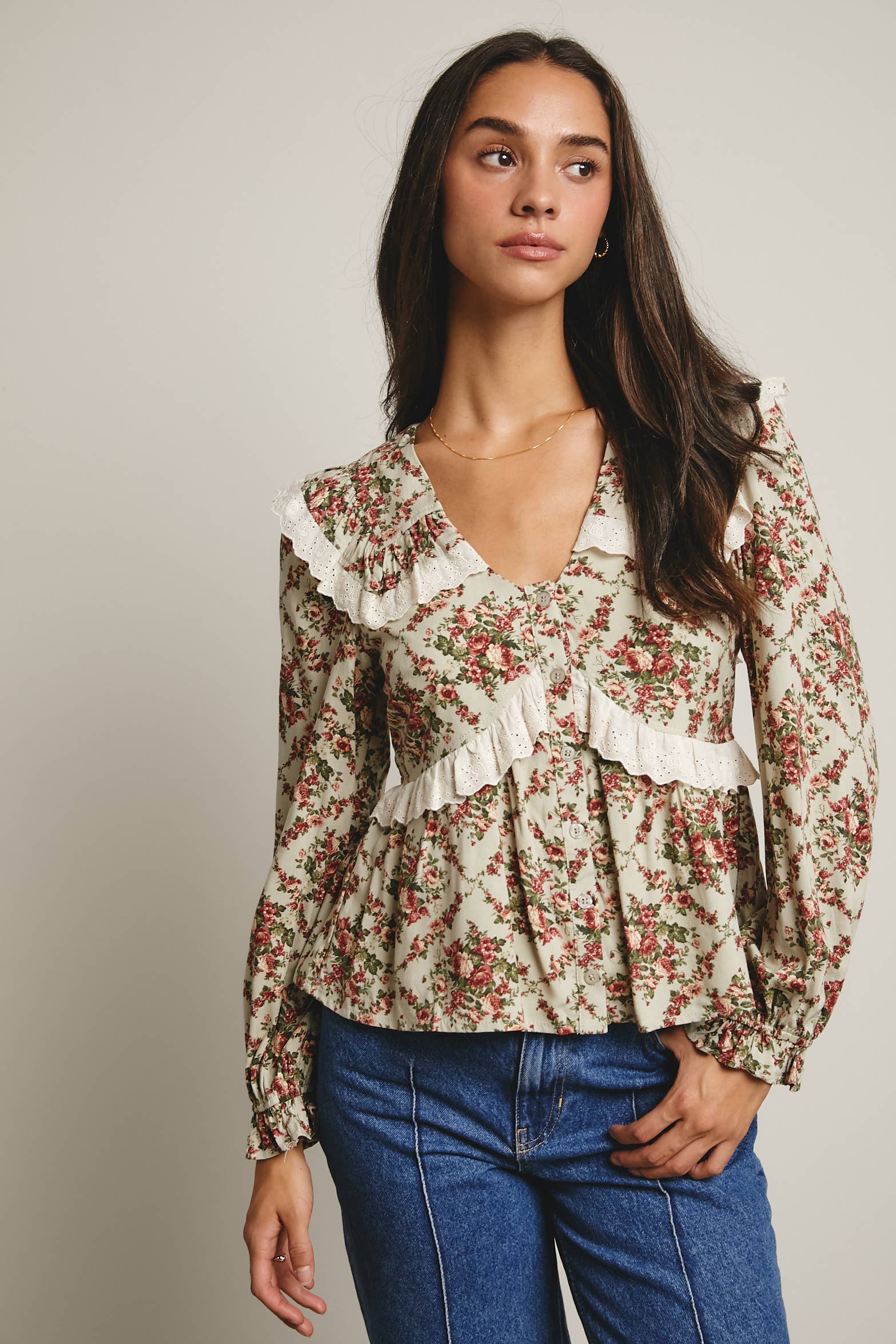 Forte - Wholesale Blouse – Women’s - Eyelet Ruffle Floral Peplum Blouse FT001211