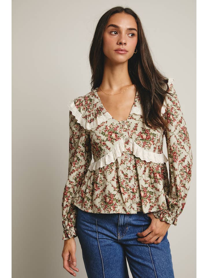 Forte - Wholesale Blouse – Women’s - Eyelet Ruffle Floral Peplum Blouse FT001211